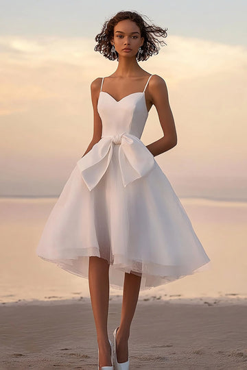 White A-Line Satin Bridal Shower Dress With Bows